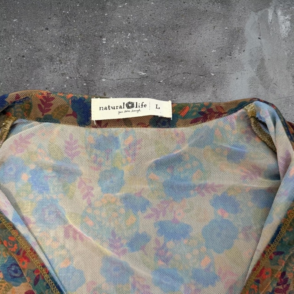 Boho Fairycore Mesh Floral Top Cottagecore Hippie Earthy Y2K Button Front - Picture 2 of 6